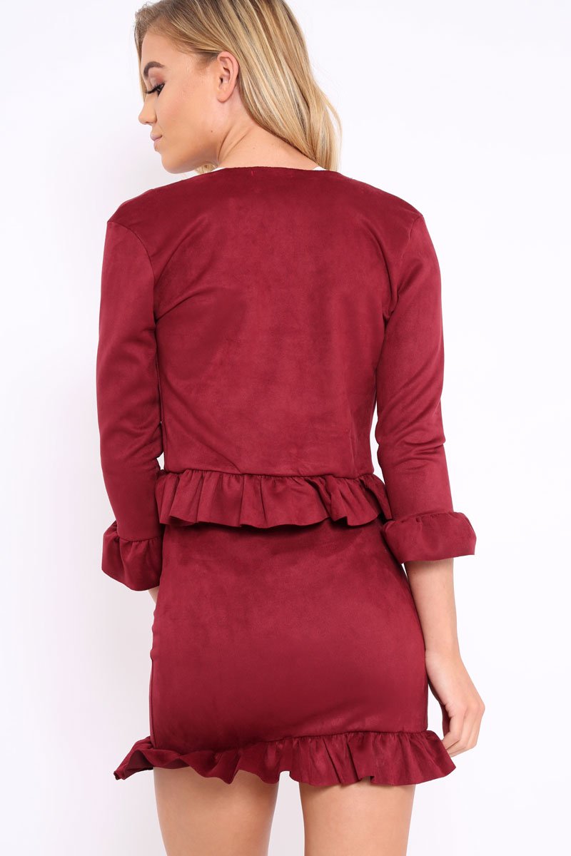 Wine Suedette Frill Hems Jacket - Elsa-Jackets