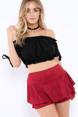 Wine Suedette Frill High Waisted Shorts - Claudelle-Shorts