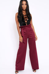 Wine Suedette Paper Bag Tie Waist Wide Leg Trousers - Kennedy-Trousers
