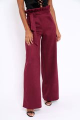 Wine Suedette Paper Bag Tie Waist Wide Leg Trousers - Kennedy-Trousers