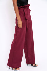Wine Suedette Paper Bag Tie Waist Wide Leg Trousers - Kennedy-Trousers