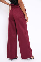 Wine Suedette Paper Bag Tie Waist Wide Leg Trousers - Kennedy-Trousers