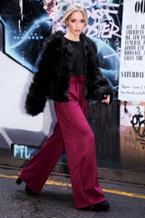 Wine Suedette Paper Bag Tie Waist Wide Leg Trousers - Kennedy-Trousers