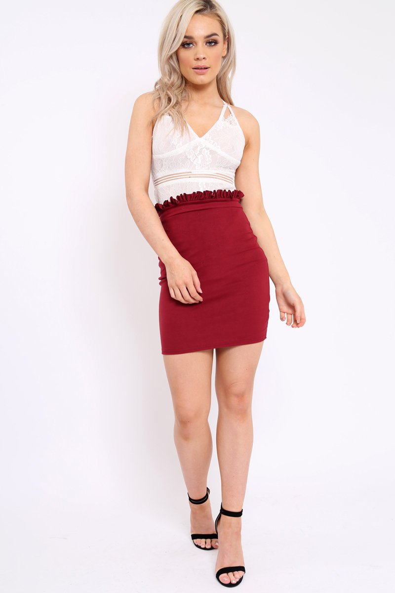Wine Suedette Ruffle Hem Mini Skirt - Abagail-Skirts