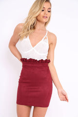 Wine Suedette Ruffle Hem Mini Skirt - Leearna-Skirts