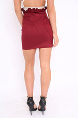 Wine Suedette Ruffle Hem Mini Skirt - Leearna-Skirts