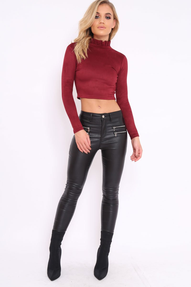 Wine Suedette Top with High Frill Neck - Lorelai-Tops