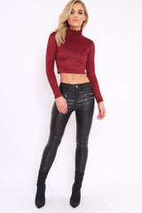 Wine Suedette Top with High Frill Neck - Lorelai-Tops