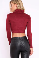 Wine Suedette Top with High Frill Neck - Lorelai-Tops