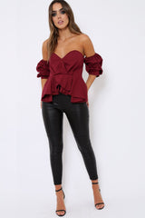 Wine Sweet Heart Bardot Top with Ruched Sleeves - Kinza-Tops