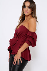 Wine Sweet Heart Bardot Top with Ruched Sleeves - Kinza-Tops