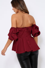 Wine Sweet Heart Bardot Top with Ruched Sleeves - Kinza-Tops