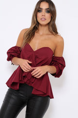 Wine Sweet Heart Bardot Top with Ruched Sleeves - Kinza-Tops