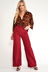 Wine Tailored Wide Leg Belted Trousers - Chenelle-Trousers