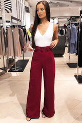 Wine Tailored Wide Leg Belted Trousers - Chenelle-Trousers