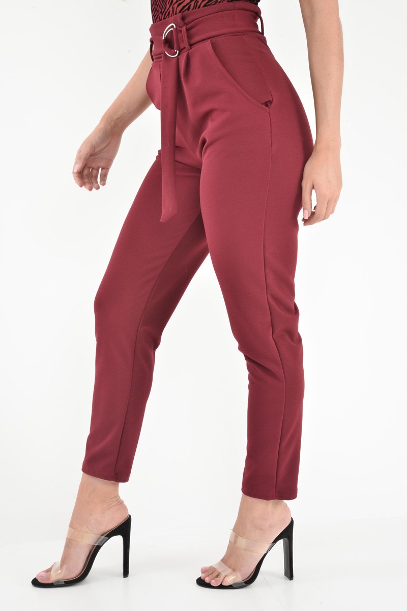 Wine Tapered Belted Cigarette Trousers - Myasia-Trousers