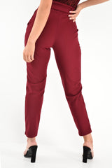 Wine Tapered Belted Cigarette Trousers - Myasia-Trousers