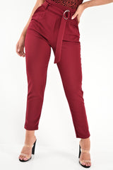Wine Tapered Belted Cigarette Trousers - Myasia-Trousers
