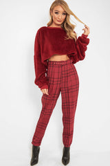 Wine Tartan High Waist Tapered Cigarette Trousers - Maddy-Trousers