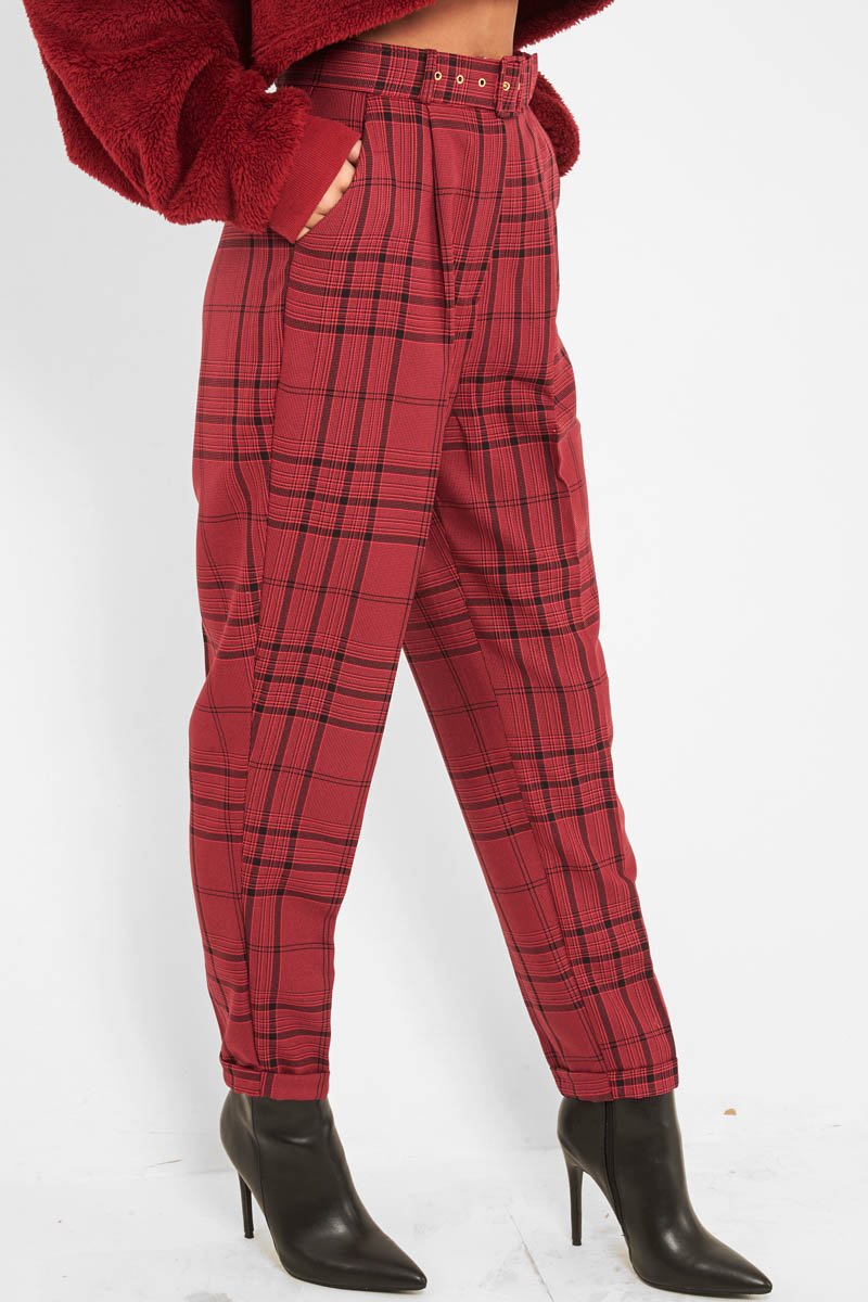 Wine Tartan High Waist Tapered Cigarette Trousers - Maddy-Trousers