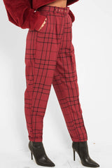 Wine Tartan High Waist Tapered Cigarette Trousers - Maddy-Trousers