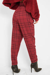 Wine Tartan High Waist Tapered Cigarette Trousers - Maddy-Trousers