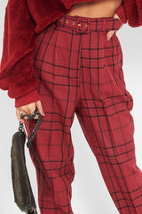 Wine Tartan High Waist Tapered Cigarette Trousers - Maddy-Trousers