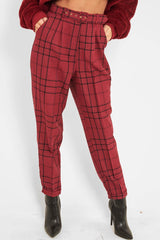 Wine Tartan High Waist Tapered Cigarette Trousers - Maddy-Trousers