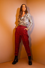 Wine Tartan High Waist Tapered Cigarette Trousers - Maddy-Trousers