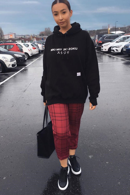 Wine Tartan High Waist Tapered Cigarette Trousers - Maddy