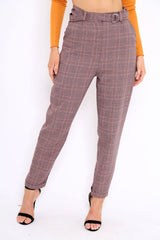 Wine Tartan Ring Belted Tapered Trousers - Klara-Trousers