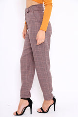 Wine Tartan Ring Belted Tapered Trousers - Klara-Trousers