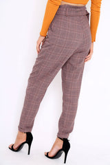 Wine Tartan Ring Belted Tapered Trousers - Klara-Trousers
