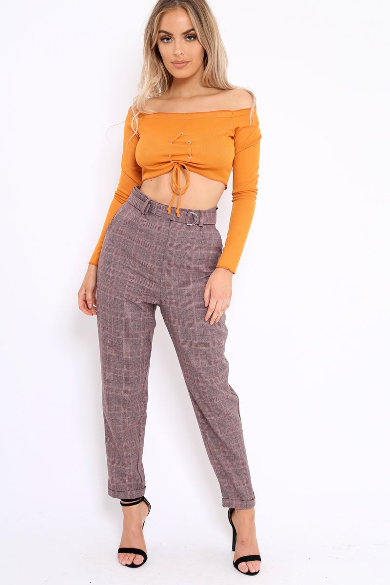 Wine Tartan Ring Belted Tapered Trousers - Klara-Trousers