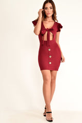 Wine Tie Button Front Bodycon Dress - Aaira-Dresses