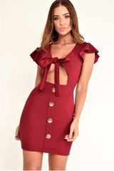Wine Tie Button Front Bodycon Dress - Aaira-Dresses