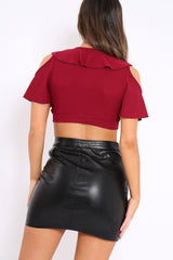 Wine Tie Front Cold Shoulder Crop Top - Ellinor-Crop Tops