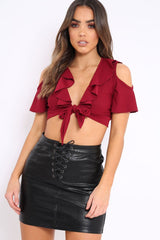 Wine Tie Front Cold Shoulder Crop Top - Ellinor-Crop Tops