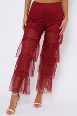 Wine Tiered Frill Lace Pants - Frida-Trousers