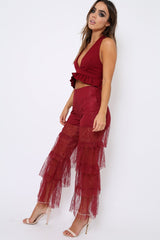 Wine Tiered Frill Lace Pants - Frida-Trousers