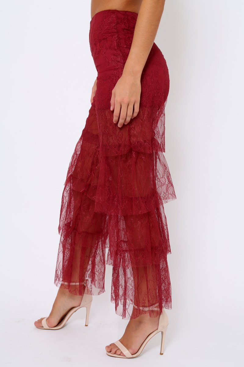 Wine Tiered Frill Lace Pants - Frida-Trousers
