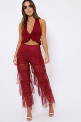 Wine Tiered Frill Lace Pants - Frida-Trousers