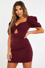 Wine Twist Front Puff Sleeve Mini Dress - Dalexa-Dresses