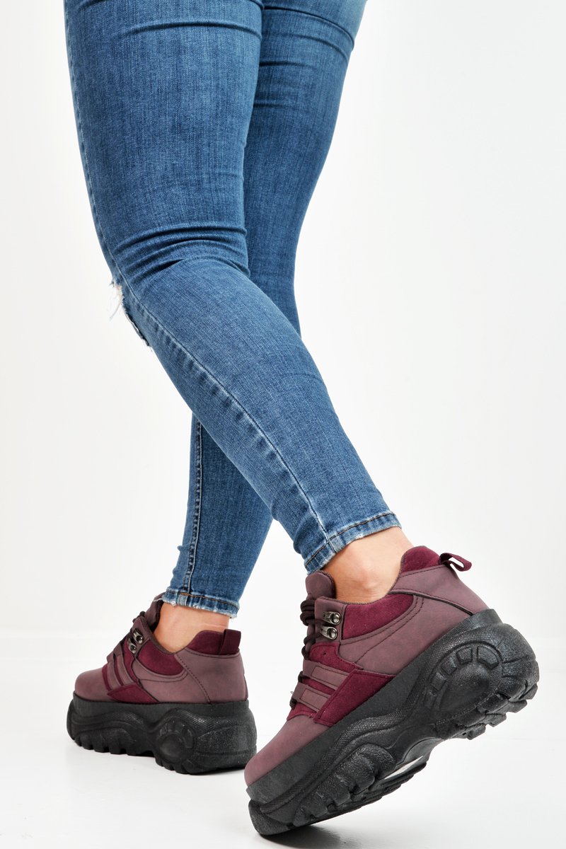 Wine Two Tone Extreme Sole Chunky Trainers - Miara-Trainers