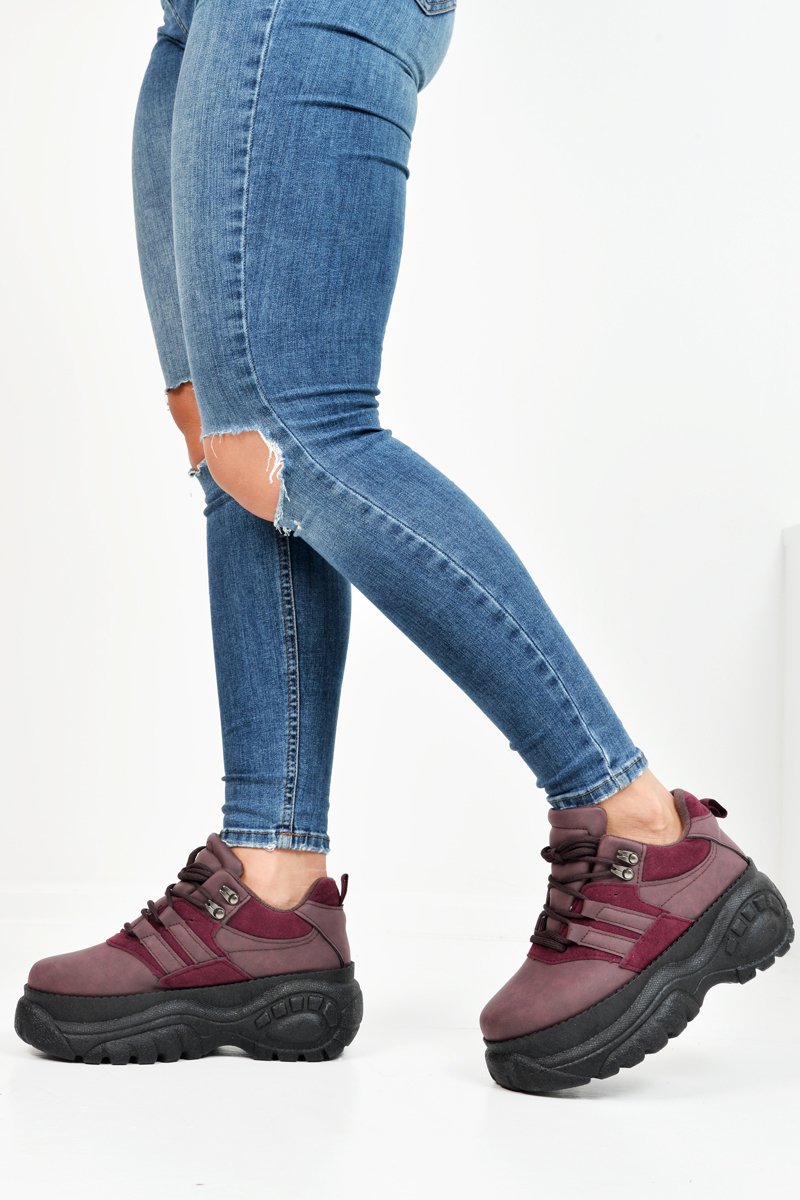 Wine Two Tone Extreme Sole Chunky Trainers - Miara-Trainers