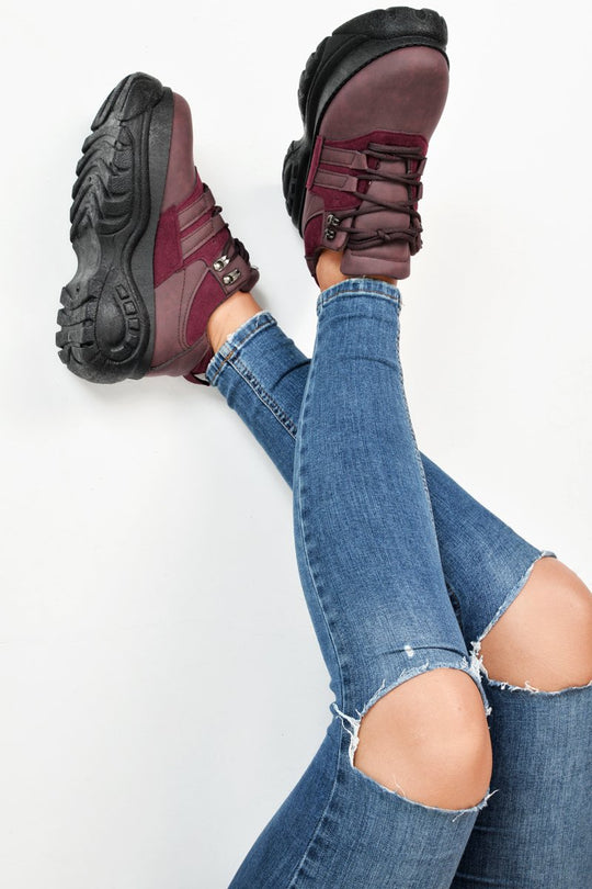 Wine Two Tone Extreme Sole Chunky Trainers - Miara