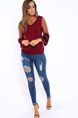 Wine V Neck Jumper with Mesh Ruffled Sleeves - Amirah-Jumper