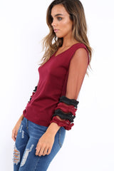 Wine V Neck Jumper with Mesh Ruffled Sleeves - Amirah-Jumper