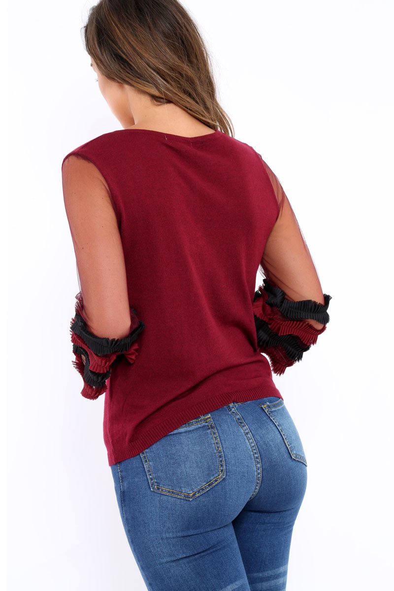 Wine V Neck Jumper with Mesh Ruffled Sleeves - Amirah-Jumper