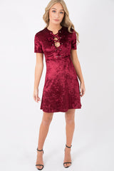 Wine Velvet Lace Up Skater Dress - Taylah-Dresses